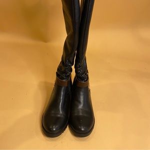 Camidy Black Brown Ruched Leather Below the Knee Riding Boots Size 6